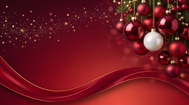 Shiny red Christmas balls hanging on a dark festive background