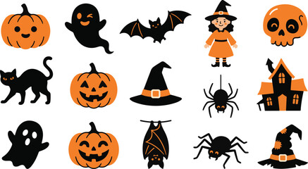 Obraz premium Halloween Witch Pumpkin Ghost and Haunted House Cartoon Icon Collection