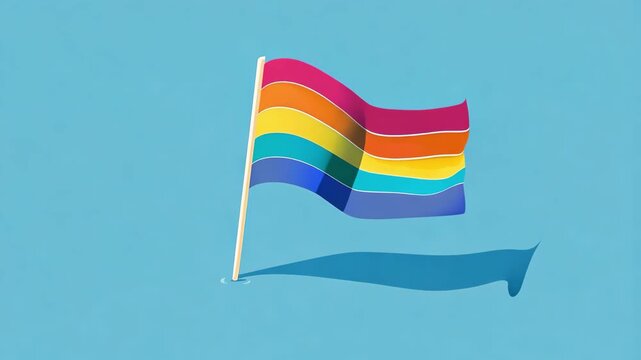 Rainbow pride flag waving against clear blue sky, LGBTQ diversity symbol, equality celebration, inclusion and freedom, colorful social awareness.