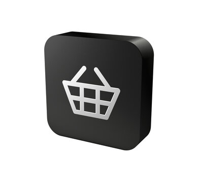 3D dark rounded square button with shopping basket symbol for e-commerce UI
