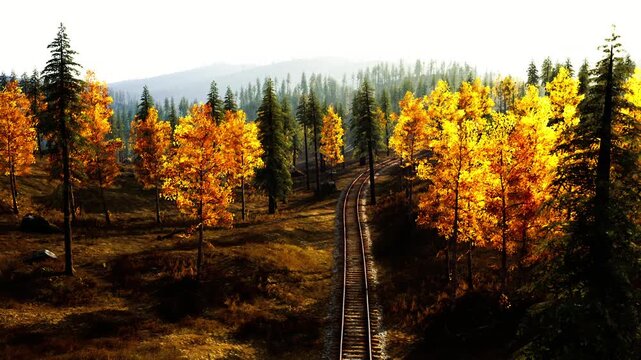 Golden and fiery orange leaves adorn trees lining a winding railway track in a serene forest. The sunlight filters through the branches, casting warmth across the landscape.