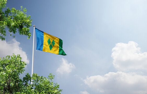 Saint Vincent and the Grenadines national flag waving in the sky behind the tree. The flag waving in the sky. Saint Vincent and the Grenadines national flag for independence day.
