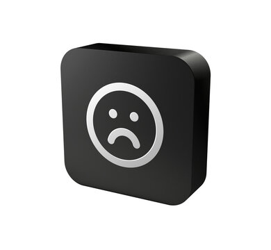 3D dark rounded square button with sad face symbol for feedback app UI
