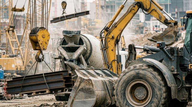 Heavy construction machinery details with crane hook, wheel loader tire, excavator boom, concrete mixer drum, and stacked steel beams in motion