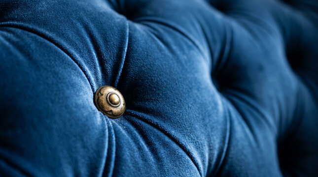 Close-up of rich blue velvet texture with a brass button detail, showcasing plush comfort and classic elegance, perfect for luxury or interior design concepts