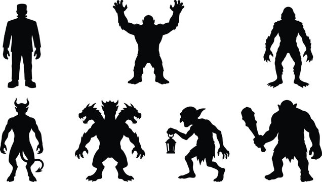 Mythical monster silhouettes including demon, dragon, troll, goblin, Frankenstein, Bigfoot, King Kong inspired fantasy creatures vector illustration