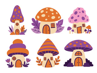 Fototapeta premium 6 Purple Orange Mushroom House Set—Ideal for Fairy Tale and Nursery Design