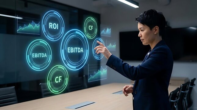 Professional woman interacting with financial performance metrics display.