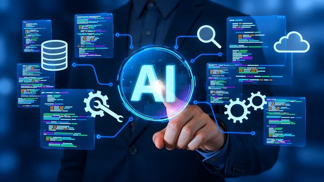 AI coding solution. Assisting software development and automating tasks. Programmer generating code to create applications.