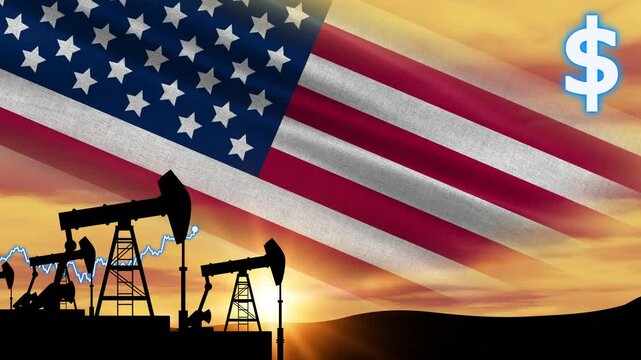 An upward line indicates fuel inflation. Oil rigs stand against the sunset.