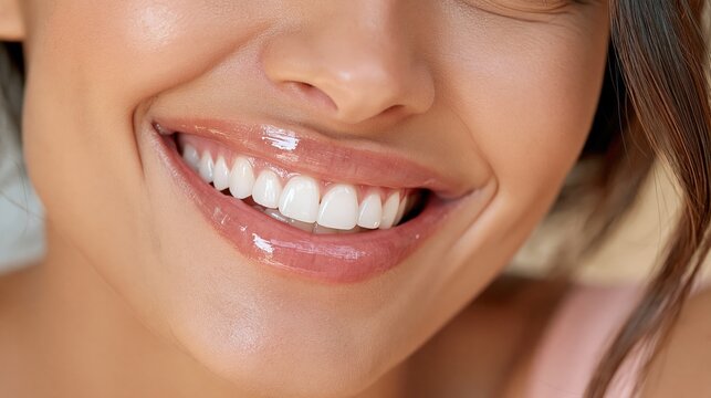 A person smiles brightly revealing healthy, white teeth and glossy lips.