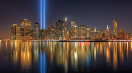Naklejka premium Golden reflections on the East River with New York skyline and twin memorial light installation, respectful Patriot Day tribute, cinematic realism.