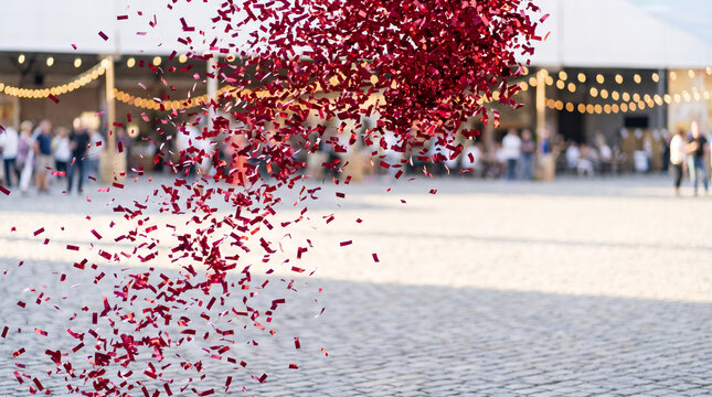 Red confetti falling against a blurred outdoor event scene with string lights, symbolizing celebration, festivity, and joy, perfect for parties or holidays.