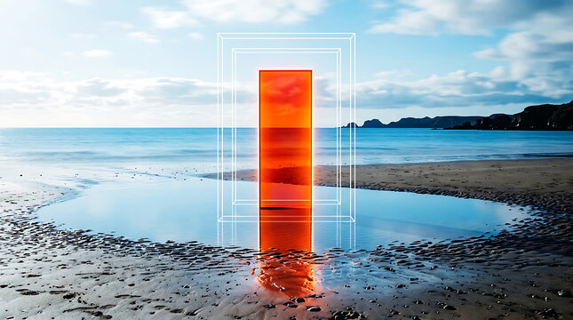 Vibrant orange monolith standing in shallow ocean tide pool