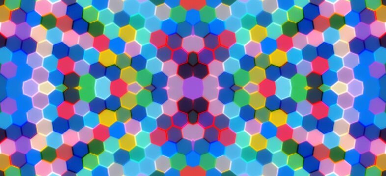 Vibrant geometric kaleidoscope pattern featuring repeating colorful hexagon shapes in a symmetrical and modern digital design