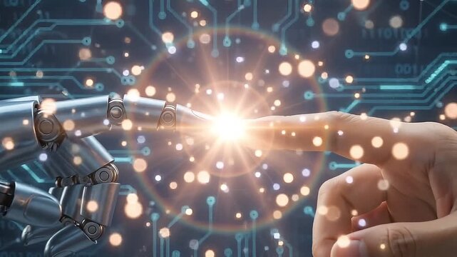 Human Hand and Robot Hand Touching with Glowing Light Connection on Digital Circuit Background