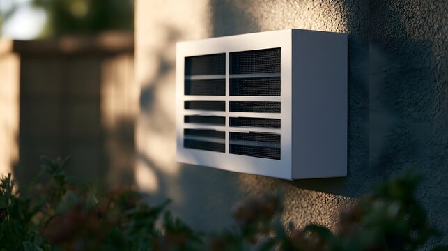 A modern wall mounted vent with mesh grille  set against textured stucco under warm sunlight  framed by blurred greenery