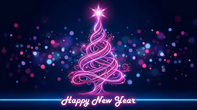 Glowing pink light line Christmas tree with happy new year