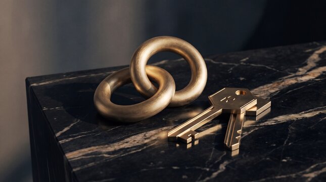 cryptography concepts, interlocking golden rings and cryptographic keys contrast against black marble