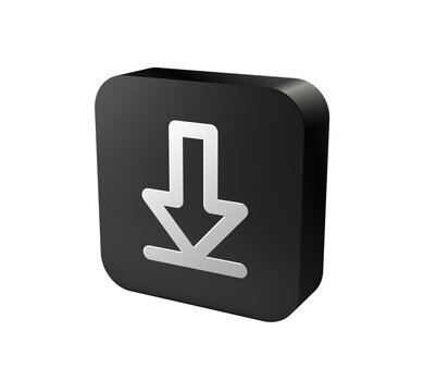 3D black rounded square icon button with white download symbol for save, file, storage and web interface concept isolated on white background