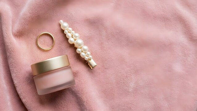Delicate arrangement of beauty and personal items on a soft pink velvet fabric, featuring a golden ring, a pearl hair clip, and a small jar of cream.