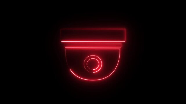 A glowing red neon icon of a dome-style CCTV security camera against a dark background.