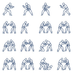 Fototapeta premium Brazilian jiu jitsu and judo grappling martial arts stances line art icon set.