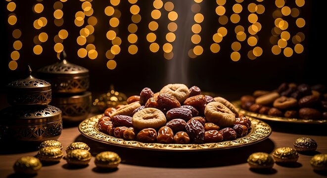 Ramadan iftar table with dates and dried figs on golden plate