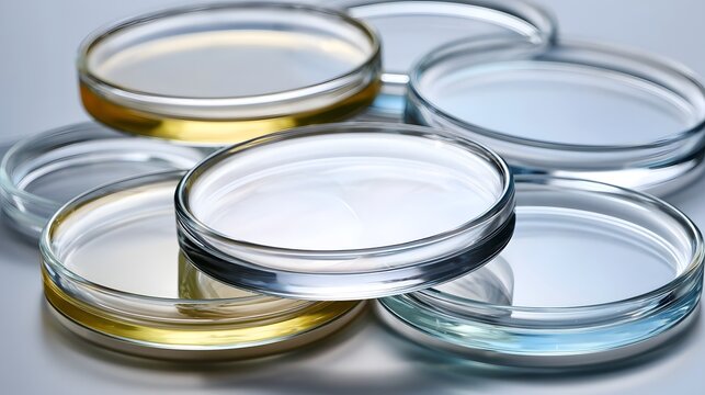 Several petri dishes with clear liquid samples arranged in a clustered composition on a neutral surface