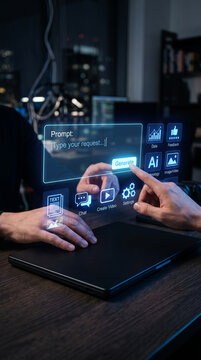 Hands interact with a holographic interface displaying AI tools and prompts, symbolizing future technology and digital interaction