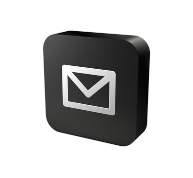 3D black rounded square icon button with white envelope symbol for email, message, contact and web interface concept isolated on white background