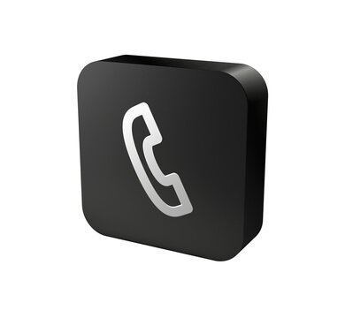 3D black rounded square icon button with white phone receiver symbol for call, contact, customer support and web interface concept isolated on white background