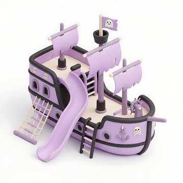3d render of a purple pirate ship playground set with a slide and climbing nets on a white background
