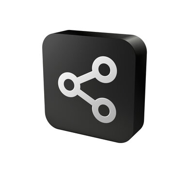 3D black rounded square icon button with white network share symbol for social media, connection, link and web interface concept isolated on white background
