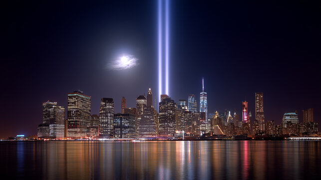 Nighttime cityscape of New York with twin tribute lights reaching high above skyscrapers, soft moonlight, respectful commemorative mood.