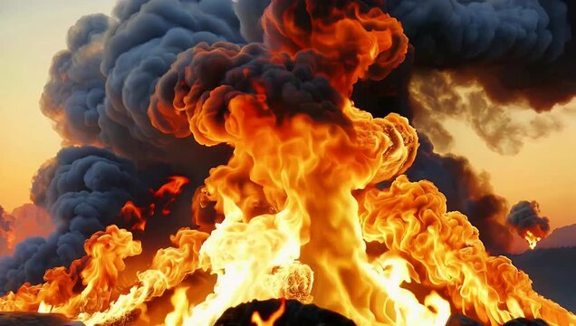 High-resolution 4K 3D digital simulation of massive destructive fire flames and thick black smoke plumes complete with a pre-keyed alpha channel for high-end cinematic VFX compositing