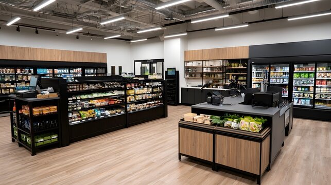 Modern retail store interior with wooden flooring  black shelving  refrigerated cases  and checkout counters