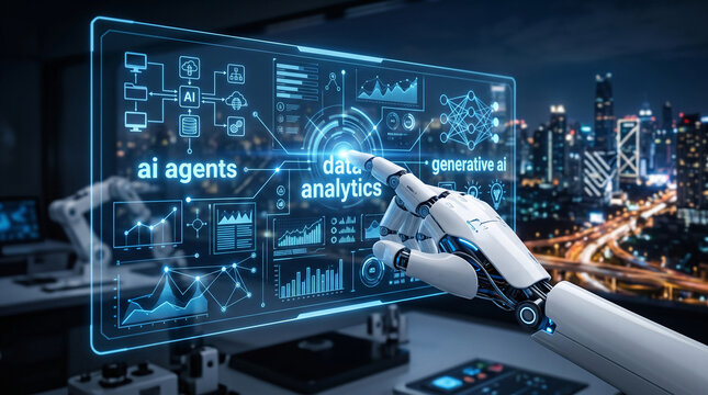 Robotic hand interacting with holographic AI interface displaying data analytics and generative AI, symbolizing future technology and innovation