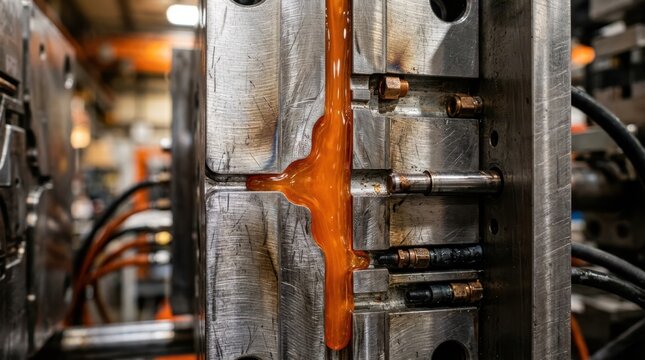 Molten polymer filling a mold channel beside a robotic ejector pin and coolant lines