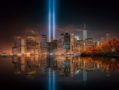 Patriot Day memorial in New York featuring twin beams of light above the skyline, clear autumn night, peaceful urban atmosphere, highly detailed.
