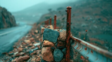 Fototapeta premium Rusty guardrail lines a winding road through a misty mountain landscape.