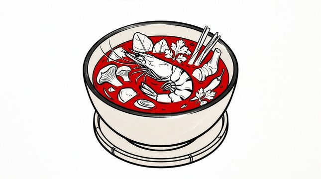 Sketch illustration of tom yum goong in a bowl