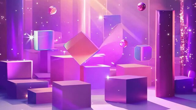 Purple and pink glowing geometric cubes floating in abstract neon room, futuristic 3d design, vibrant sci-fi scene, modern digital concept, magical atmosphere.