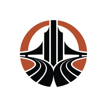 Modern minimalist logo design featuring a bridge and converging roads leading to tall buildings, framed within a circle with orange accents. Ideal for infrastructure, transportation, real estate, or c