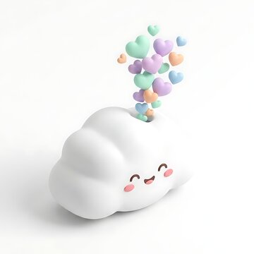 Kawaii 3D cloud character with pastel hearts, cute smiling cloud illustration, whimsical heart bubbles on white background
