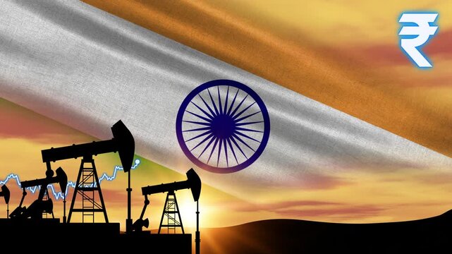 Industrial pumpjacks work continuously at dusk. The market reflects increased crude valuations.