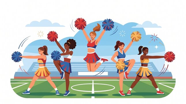 Cheerleading squad performing dance routine with pom-poms on stadium field vector illustration