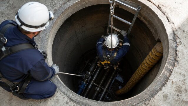 Industrial workers entering a sewer manhole with ladder, harness and safety equipment for confined space inspection and underground maintenance.