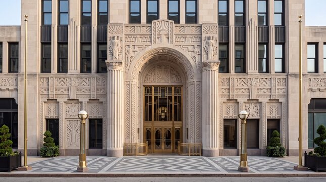 Art Deco Style Building Entrance with Ornate Stone Carvings