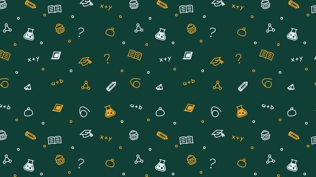 Education Seamless Pattern with School Icons and Math Formulas on Green Background